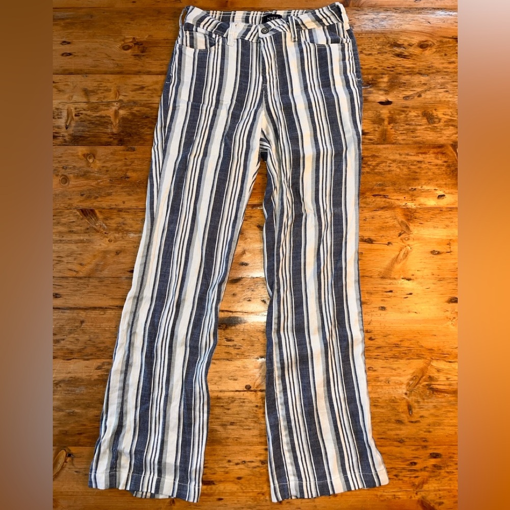 NYDJ Beige Blue Striped Linen Blend pants